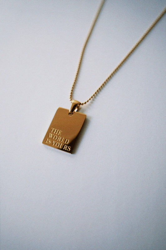 Dixie Jem Rectangle pendant gold plated necklace: The World is Yours